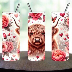 Highland Cow Pink Flowers Stainless Steel 20oz Skinny Tumbler